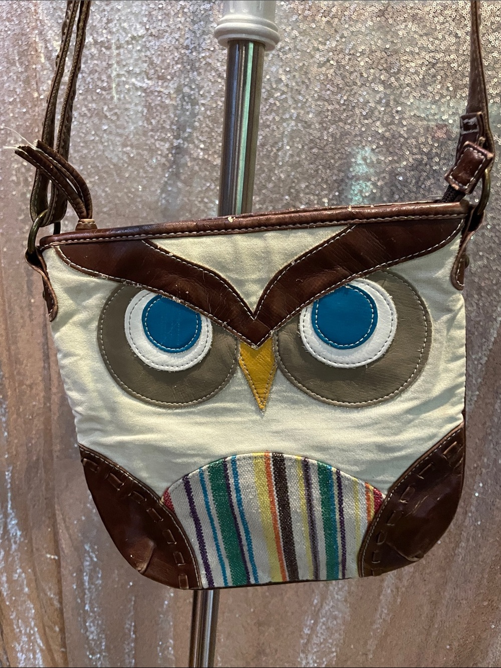 Cream Owl Crossbody Bag with Blue Accents